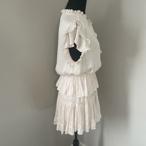 RESET BY JANE Sz L Claire Ruffle Tiered Mini Dress Satin Tie Neck Champagne Boho - Picture 6 of 9